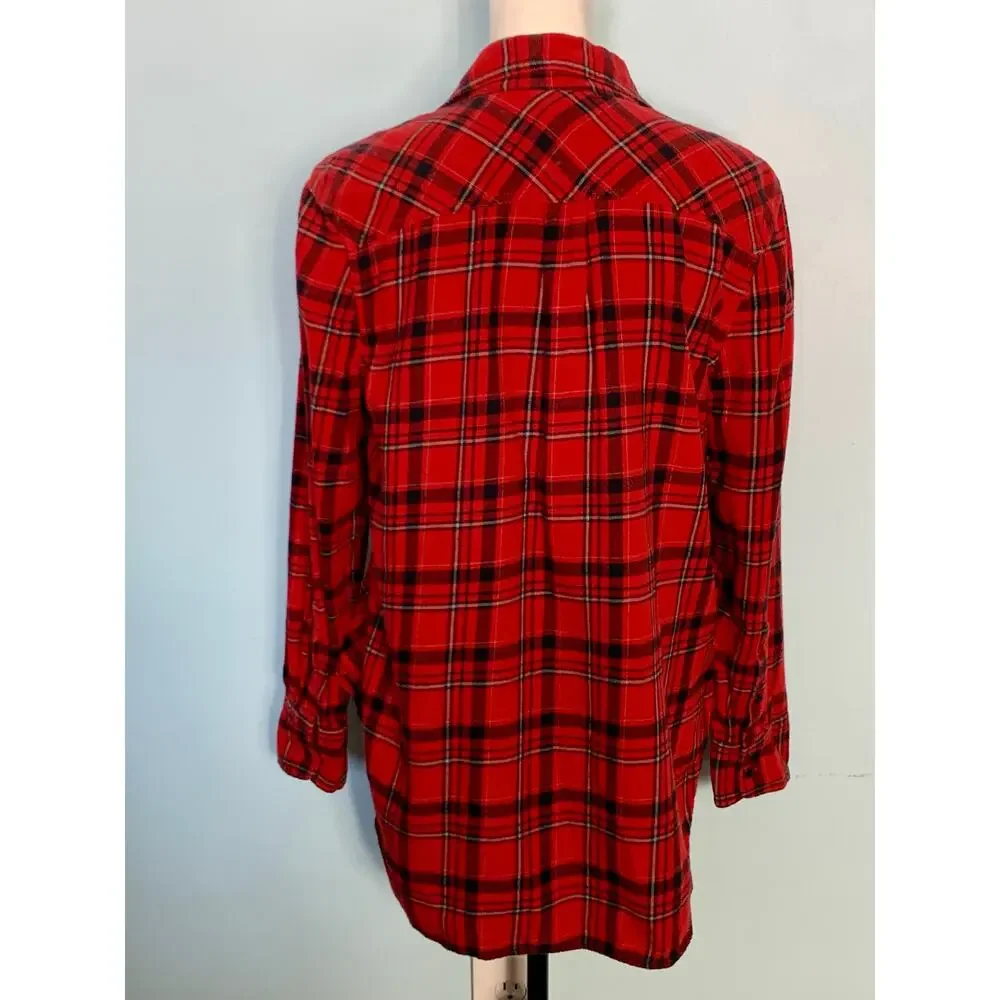 J. Crew Red and Black Windowpane Plaid Flannel Button Down Size 8